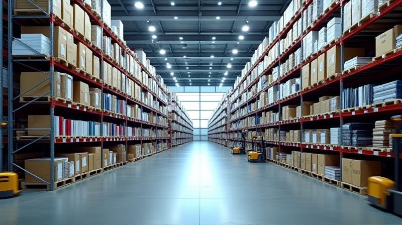 Interior view of a clean, well-organized book warehouse facility, representing Southern Cross Book Suppliers' professional operations.