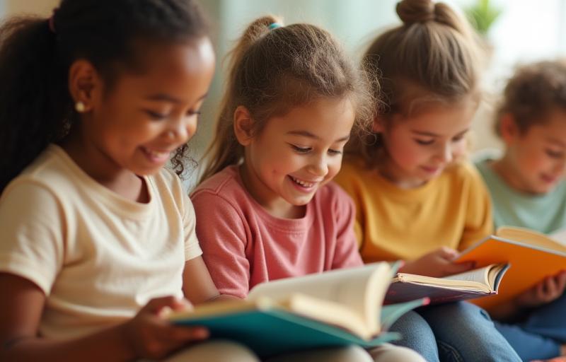 A group of diverse children enthusiastically reading books together, symbolizing literacy and education supported by the cause.