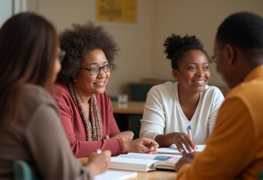 Adult students engaged in learning in a friendly literacy class setting.