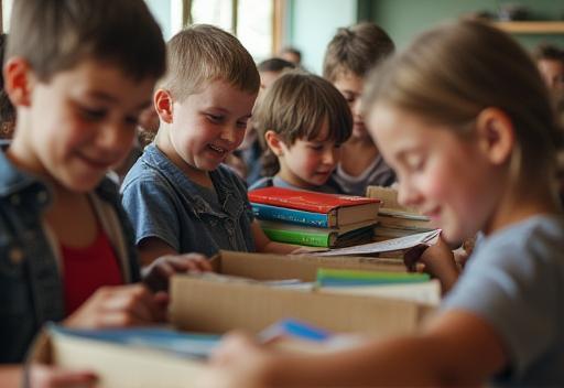 Students in a remote Australian school happily receiving boxes of new books.