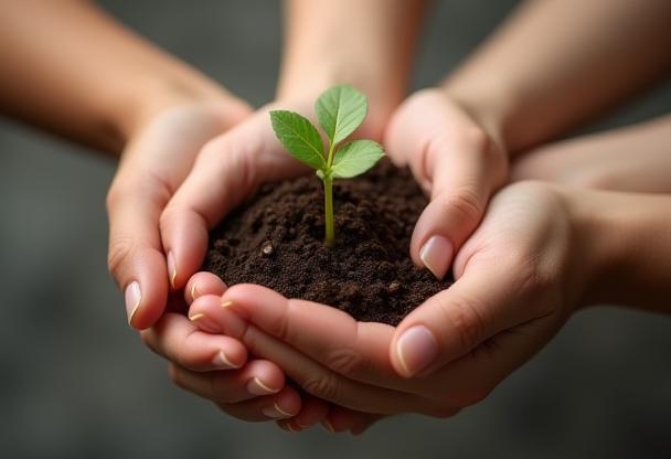 Symbolic image of diverse hands gently supporting a young seedling or book, representing collaboration, growth, and help.